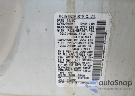 2009 Nissan Murano Le z USA, uszkodzony, nr VIN JN8AZ18W59W112803